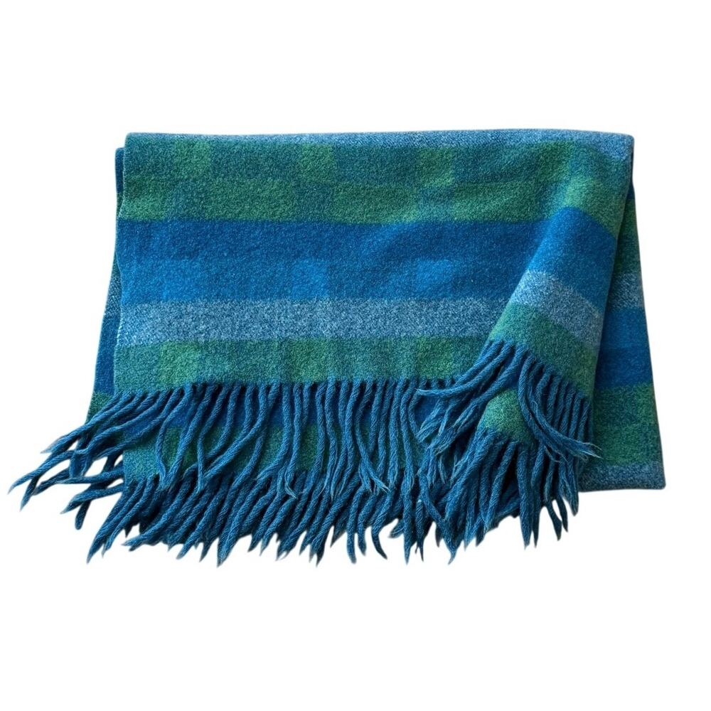 VTG Pendleton 100% Pure Wool Blanket Blue Green Stripe Western Throw Fringe USA